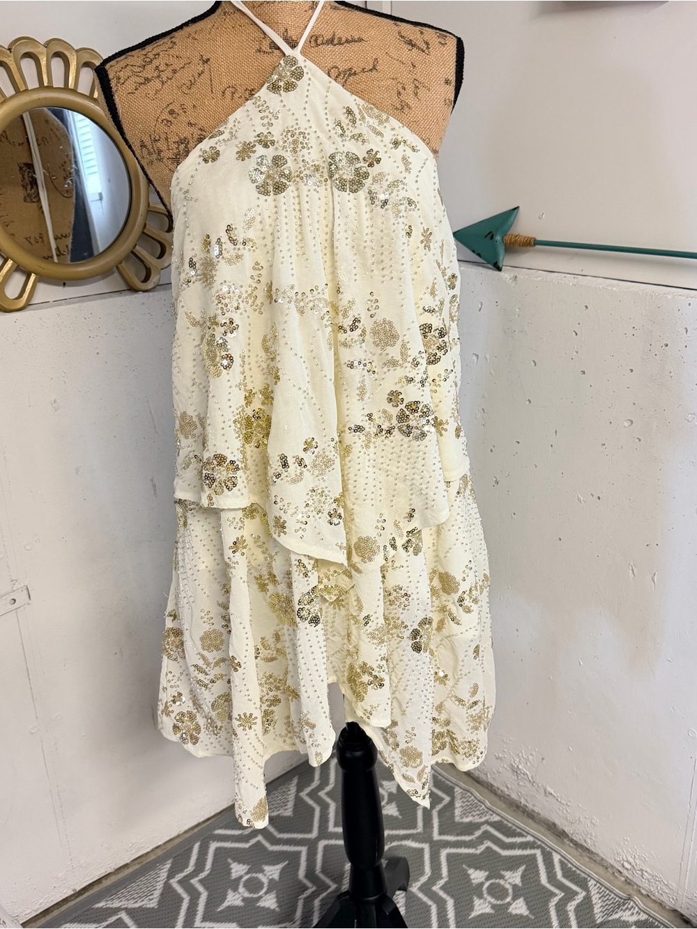 Altar'd State Ivory Halter Tiered Sequin Floral Mini Dress